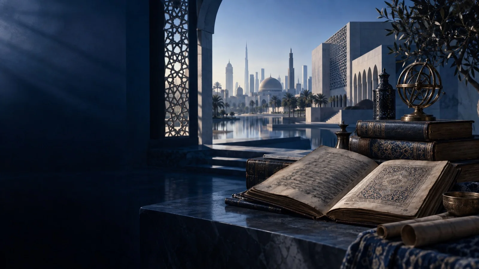 Conceptual illustration of Arabic manuscripts, Islamic architecture, and a modern city