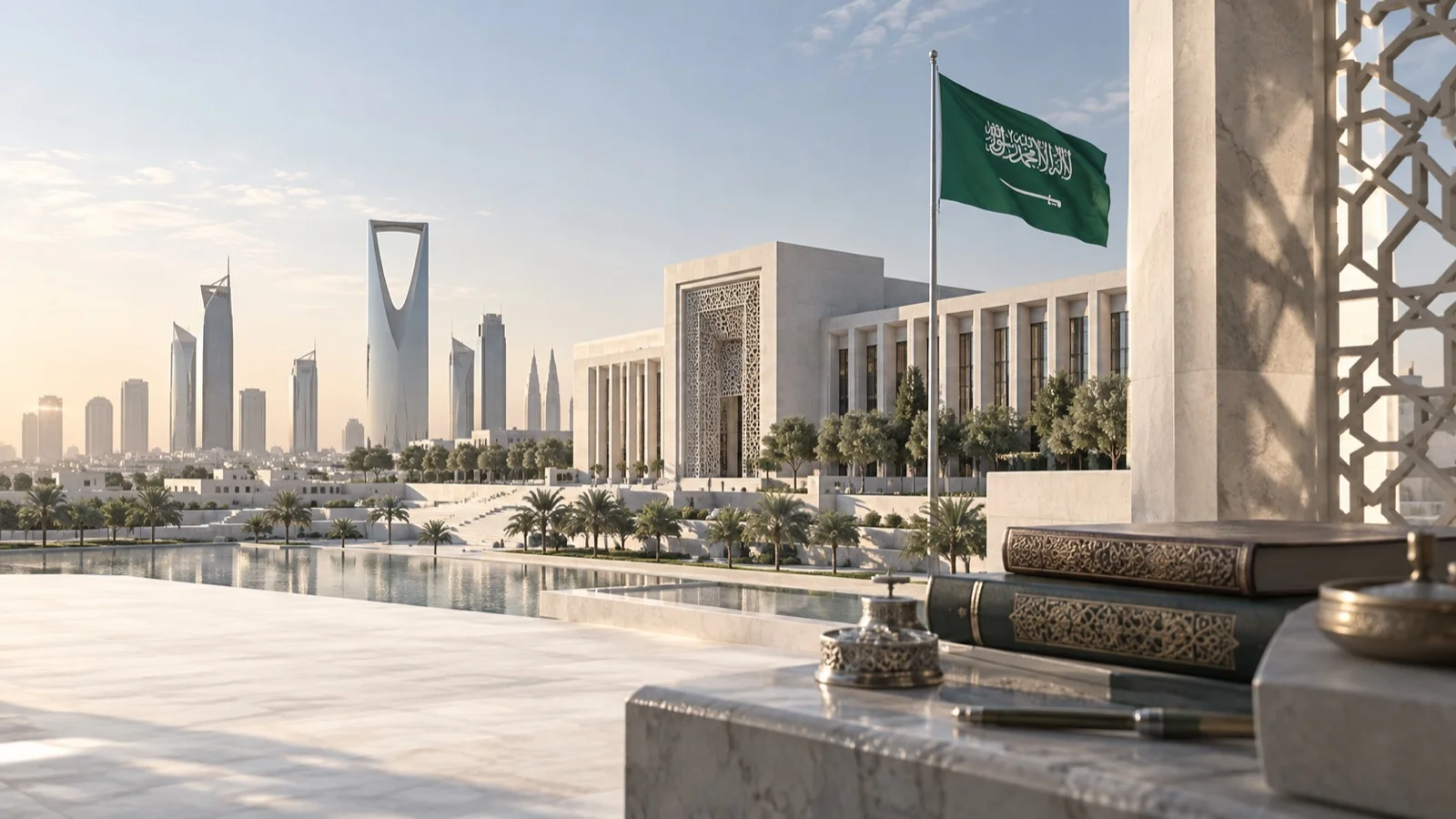 Conceptual illustration of a Saudi institutional building and the Riyadh skyline